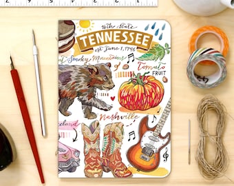 Tennessee notebook, blank journal, Volunteer State, symbols, illustration.