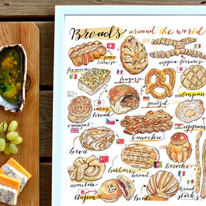 Bread Illustration. Breads of the world print. Food art. Kitchen decor. Bakery. Artisanal. Home decor. Gift for baker. Cultural. Gourmet. image 1