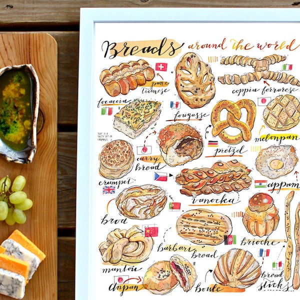 Bread Illustration. Breads of the world print. Food art. Kitchen decor. Bakery. Artisanal. Home decor. Gift for baker. Cultural. Gourmet.