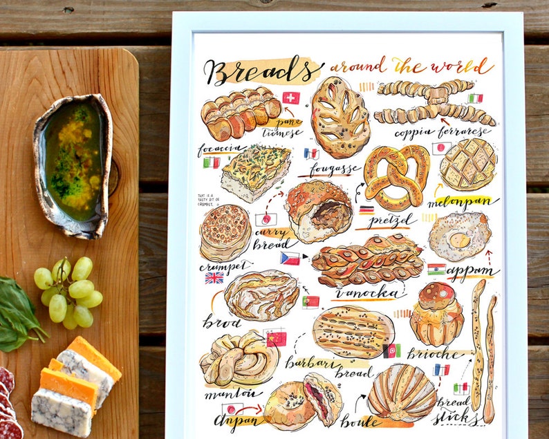 Bread Illustration. Breads of the world print. Food art. Kitchen decor. Bakery. Artisanal. Home decor. Gift for baker. Cultural. Gourmet. image 1