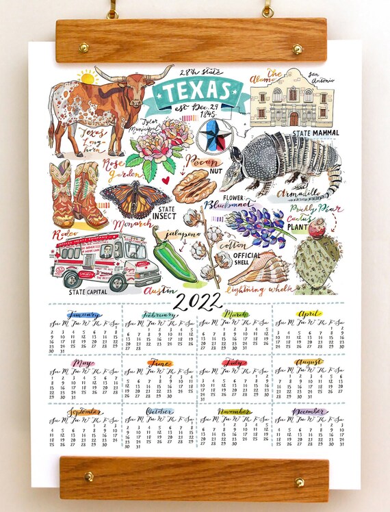 Texas State 2022 Calendar Texas Wall Calendar 2022 Home Decor State Print | Etsy