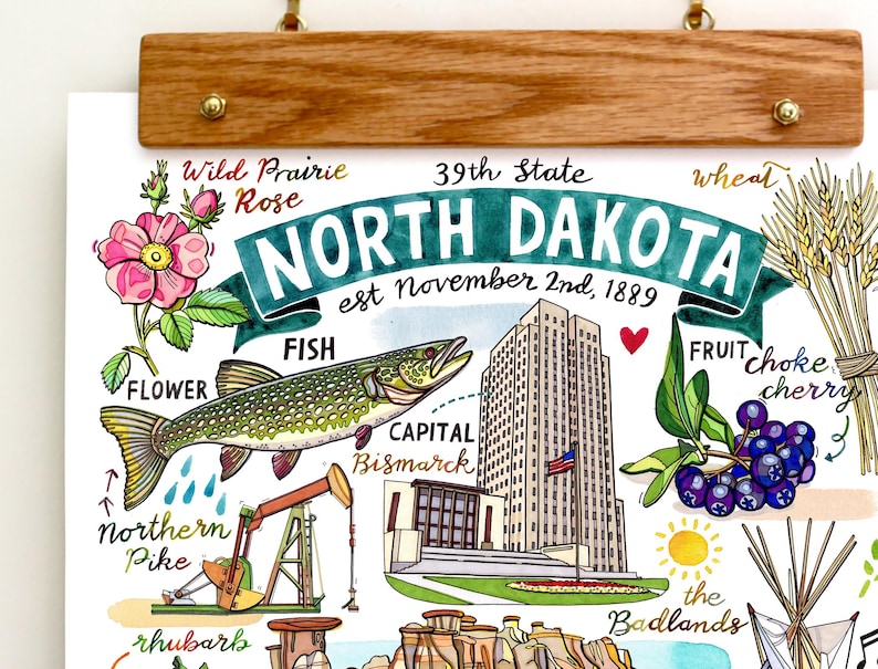 North Dakota State Print. Illustration. - Etsy