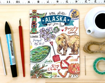 Alaska notebook, blank journal, the Last Frontier, state symbols, illustration, stationery.