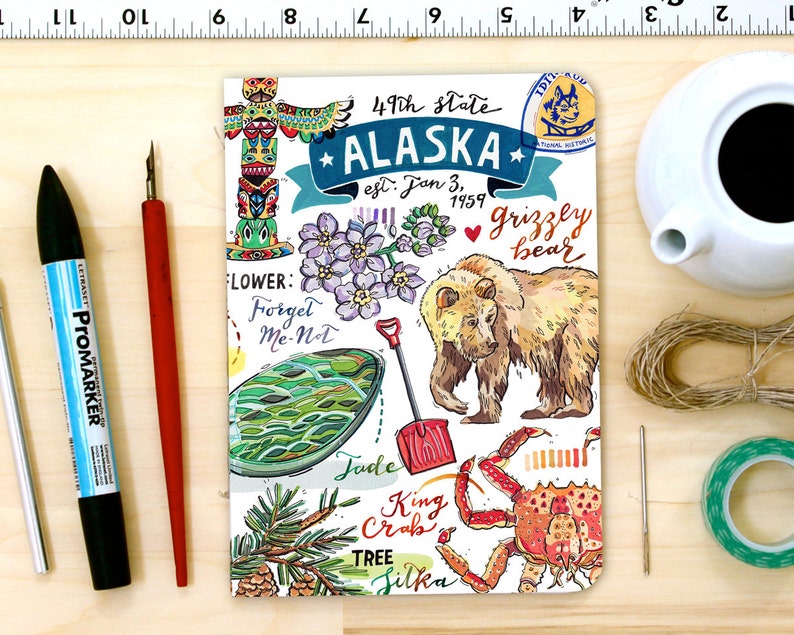Alaska notebook, blank journal, the Last Frontier, state symbols, illustration, stationery. zdjęcie 1