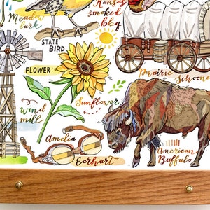 May include: A watercolor illustration of various symbols of Kansas, including a sunflower, a wind mill, a prairie schooner, a buffalo, a meadow lark, and Amelia Earhart's goggles. The text "FLOWER: Sunflower" and "STATE BIRD" are also included in the illustration.