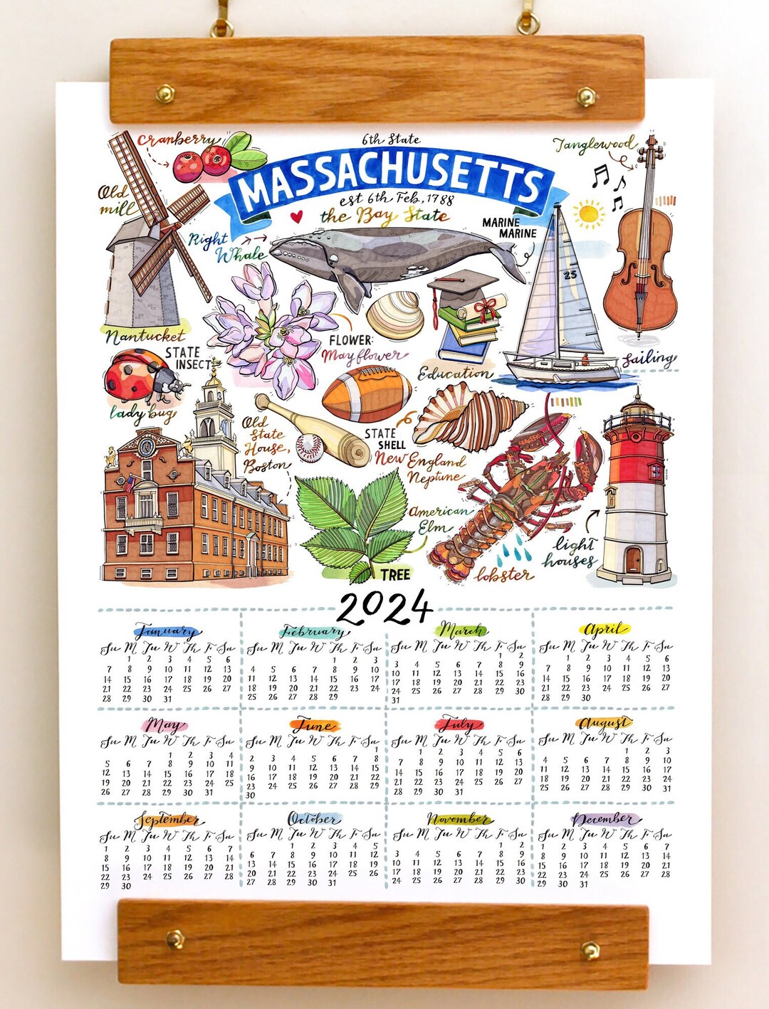 Massachusetts 2025 Wall Calendar. 11x14 Inches. Etsy