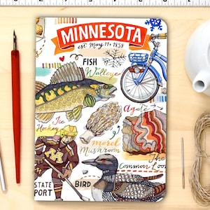 Minnesota notebook, blank journal, personalized stationery, state symbols, illustration.