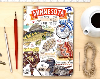 Minnesota Notizbuch, leeres Journal, personalisiertes Briefpapier, Zustandssymbole, Illustration.
