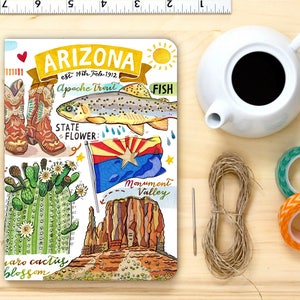 Arizona notebook, blank journal, state symbols, illustration, personalized stationery, gift. image 1