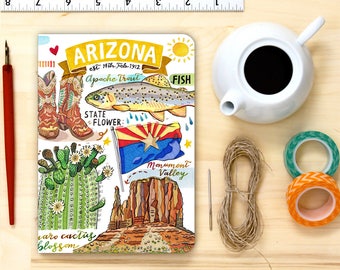 Arizona notebook, blank journal, state symbols, illustration, personalized stationery, gift.