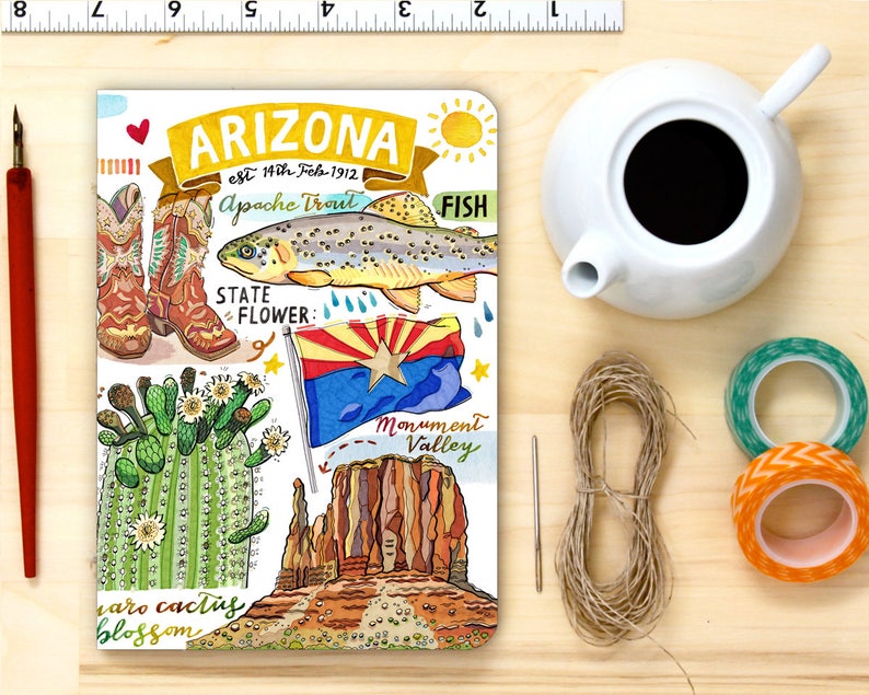 Arizona notebook, blank journal, state symbols, illustration, personalized stationery, gift. image 1