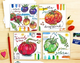 tomato notecards. Seasons. Spring. Summer. Garden. Heirloom. Fruit. Set of 4 blank cards. Writing set. Organic. Earth. Grow. Rainbow.