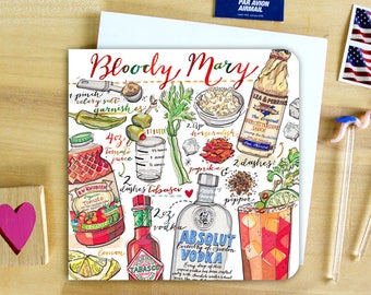 Bloody Mary Cocktail Notecard. Recipe card.