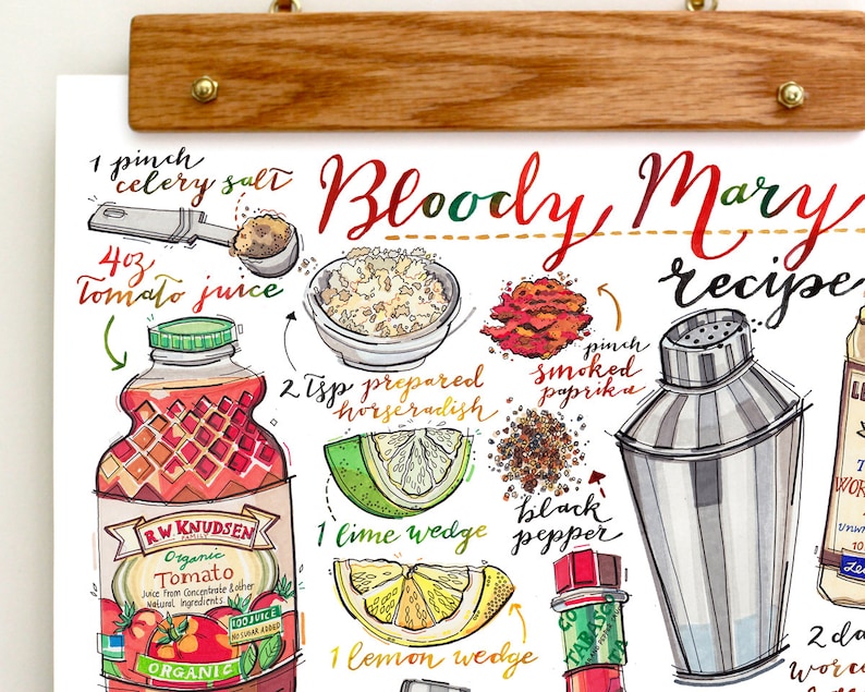 Bloody mary print. Cocktail illustration. Recipe. Bar decor. Kitchen decor. Summertime. Vodka. Drinks. Classic cocktail. image 5