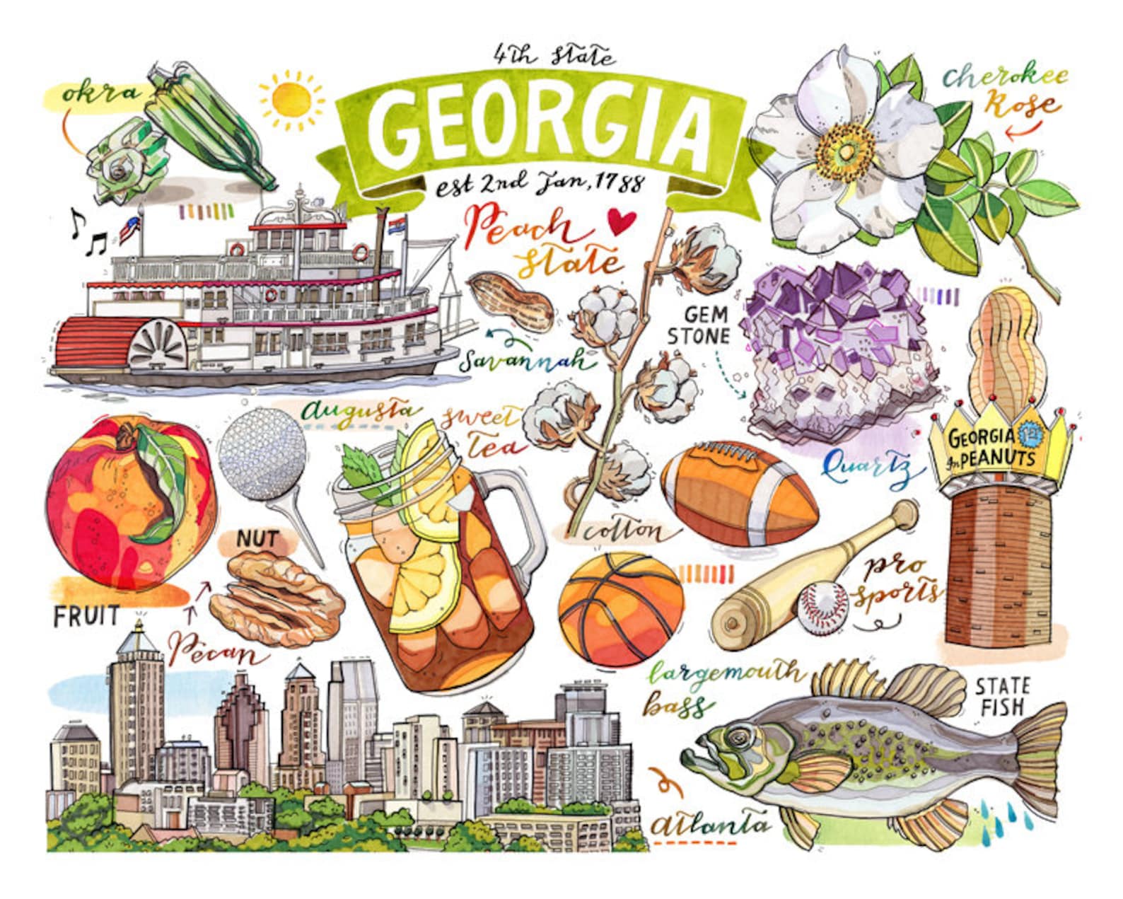 Georgia State Print. Illustration. The Peach State.  Etsy