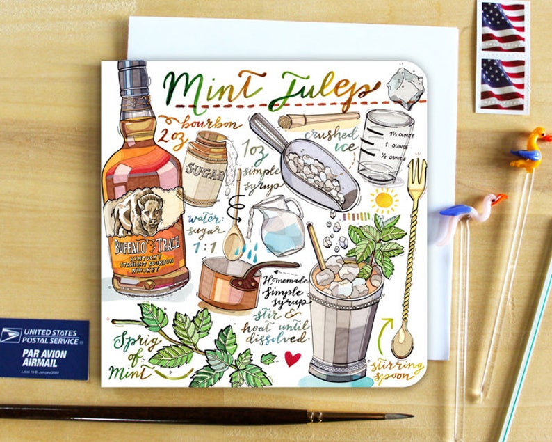 Mint Julep Cocktail Notecard. Recipe Card. Etsy