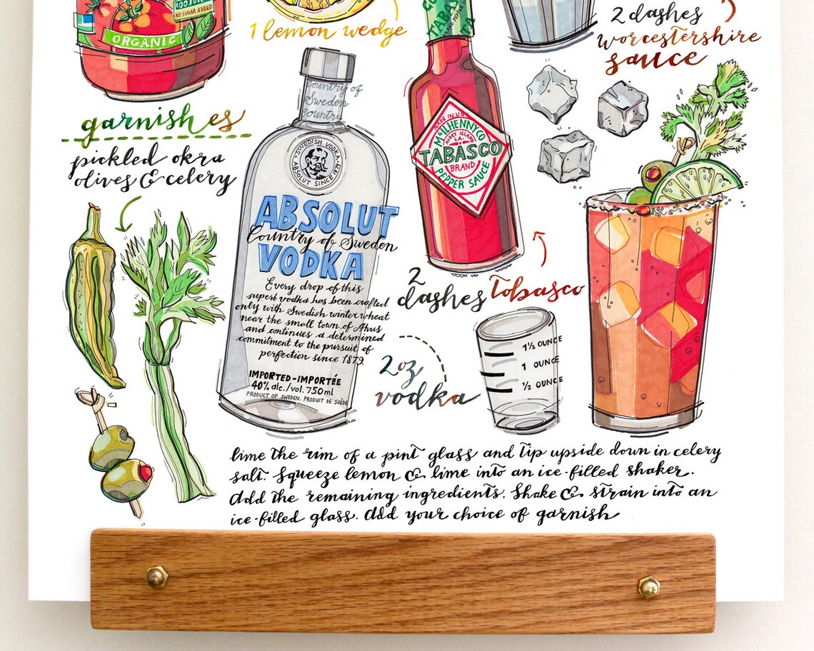 Bloody Mary Print. Cocktail Illustration. Recipe. Bar Decor. Etsy