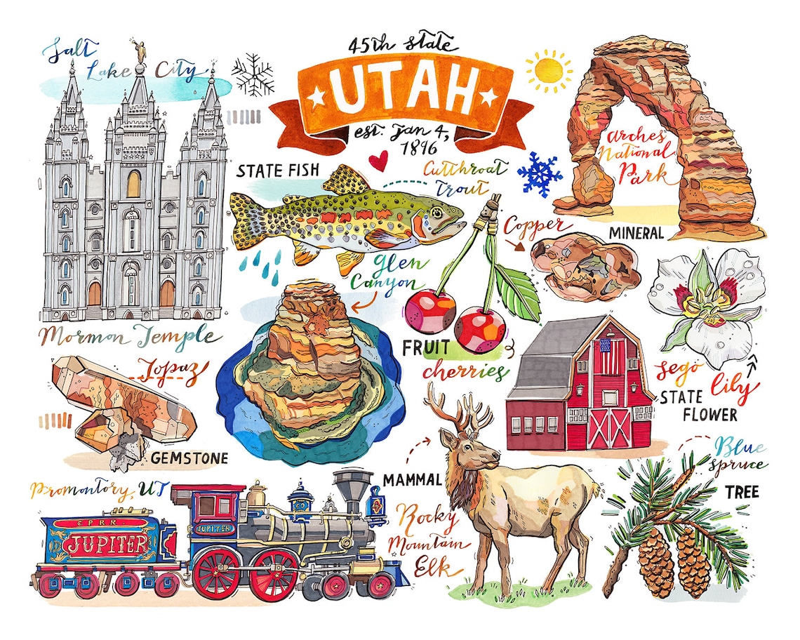 Utah Print. Illustration. Beehive State. Map. State Symbols. - Etsy