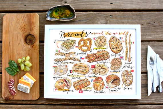 Bread Illustration. Breads of the World Print. Food Art. Kitchen
