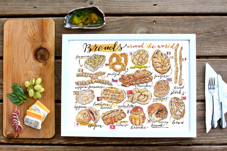 Bread Illustration. Breads of the world print. Food art. Kitchen decor. Bakery. Artisanal. Home decor. Gift for baker. Cultural. Gourmet. image 2