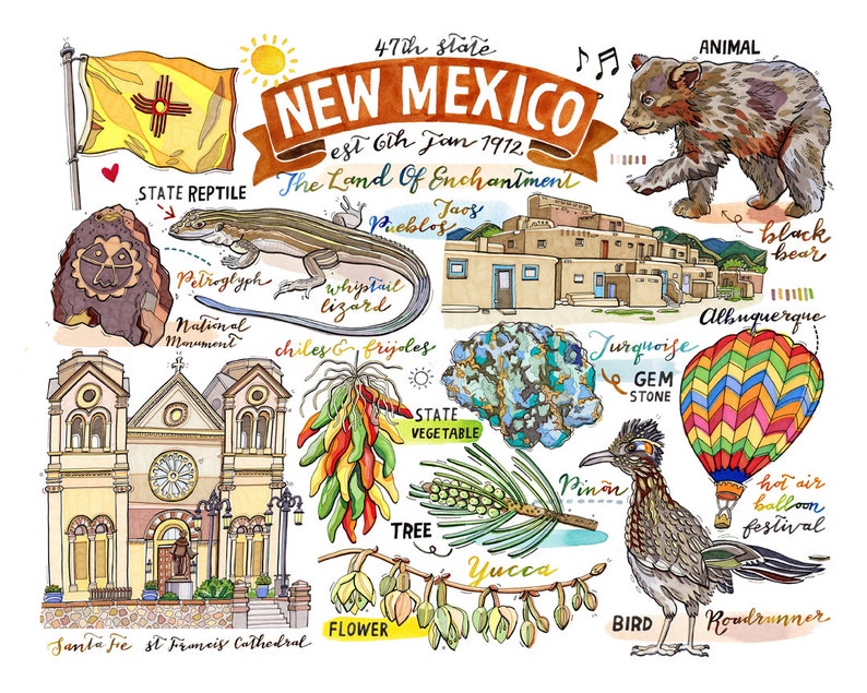new-mexico-state-print-illustration-state-symbols-home-etsy