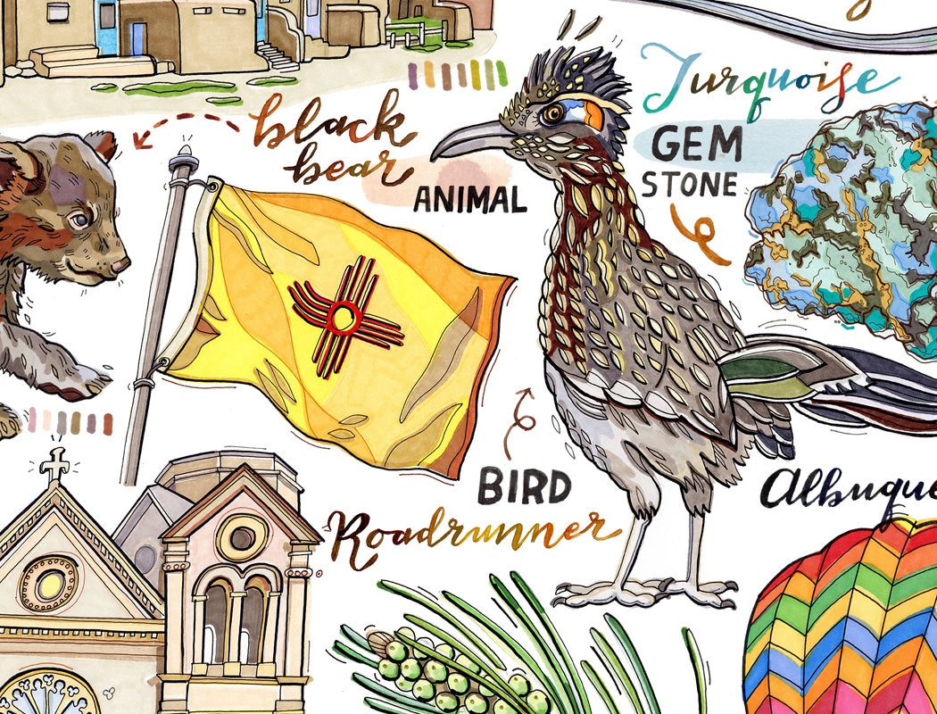New Mexico State Print. Illustration. State Symbols. Home Decor