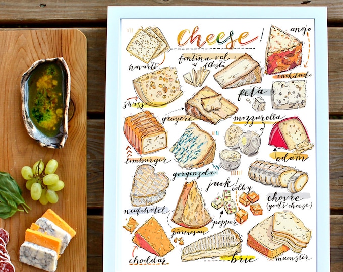 cheese print. illustration. Kitchen decor. Food art. gourmet. cheese lover. home decor. Fromage. Gift for cook. Artisanal.