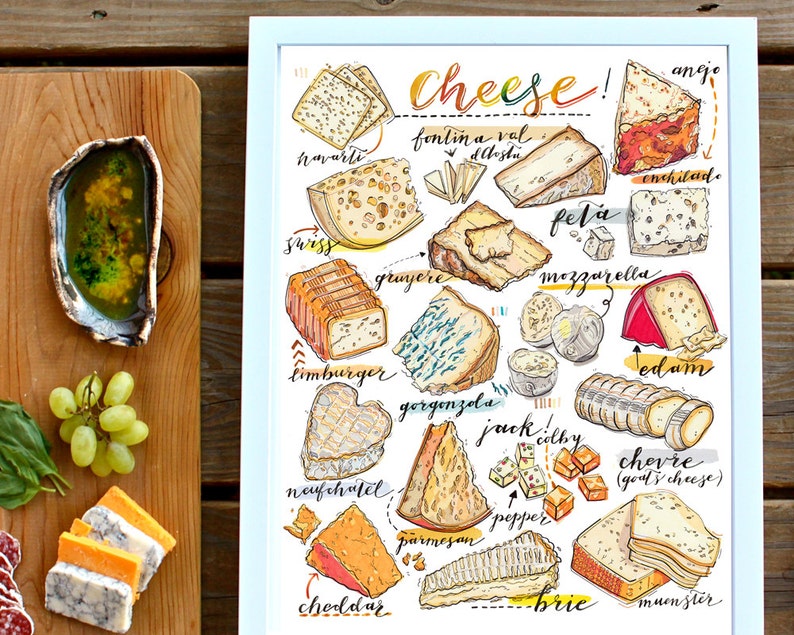Cheese print. illustration. Kitchen decor. Food art. gourmet. Etsy