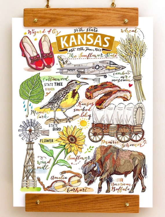 Kansas State Print Home Decor Sunflower State illustration Etsy