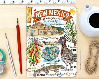 New Mexico notebook, blank journal, personalized stationery, gift, illustration, The Land Of Enchantment, state symbols.
