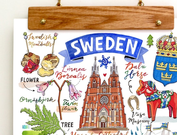 Sweden Print, National Symbols, Sverige, Illustration, Moose, Dala