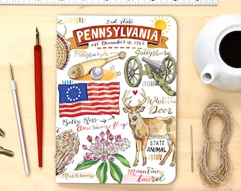 Pennsylvania notebook, blank journal, state symbols, illustration.