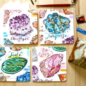 Tarjetas de notas con piedras preciosas. Juego de escritura con cristales. Pensamientos positivos.