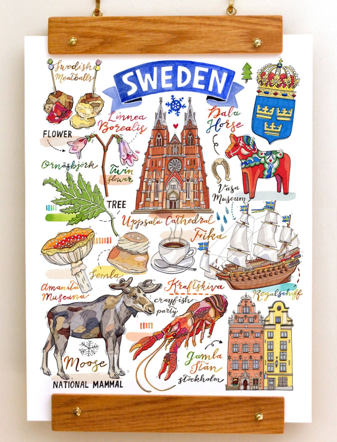 Sweden Print, National Symbols, Sverige, Illustration, Moose, Dala