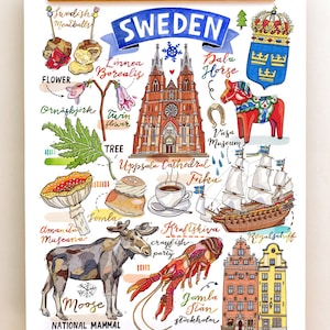 Sweden Print, National symbols, Sverige, illustration, moose, dala horse, vikings, Stockholm, fika, toadstools, Uppsala.