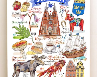 Sweden Print, National symbols, Sverige, illustration, moose, dala horse, vikings, Stockholm, fika, toadstools, Uppsala.