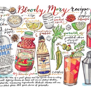 Bloody mary print. Cocktail illustration. Recipe. Bar decor. Kitchen decor. Summertime. Vodka. Drinks. Classic cocktail. image 2