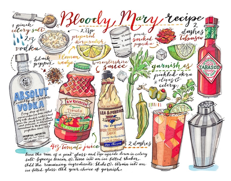 Bloody mary print. Cocktail illustration. Recipe. Bar decor. Kitchen decor. Summertime. Vodka. Drinks. Classic cocktail. image 2