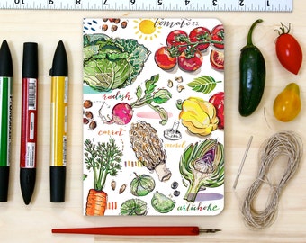 Garden notebook, vegetables, gift for gardener, journal, notepad, garden illustration.