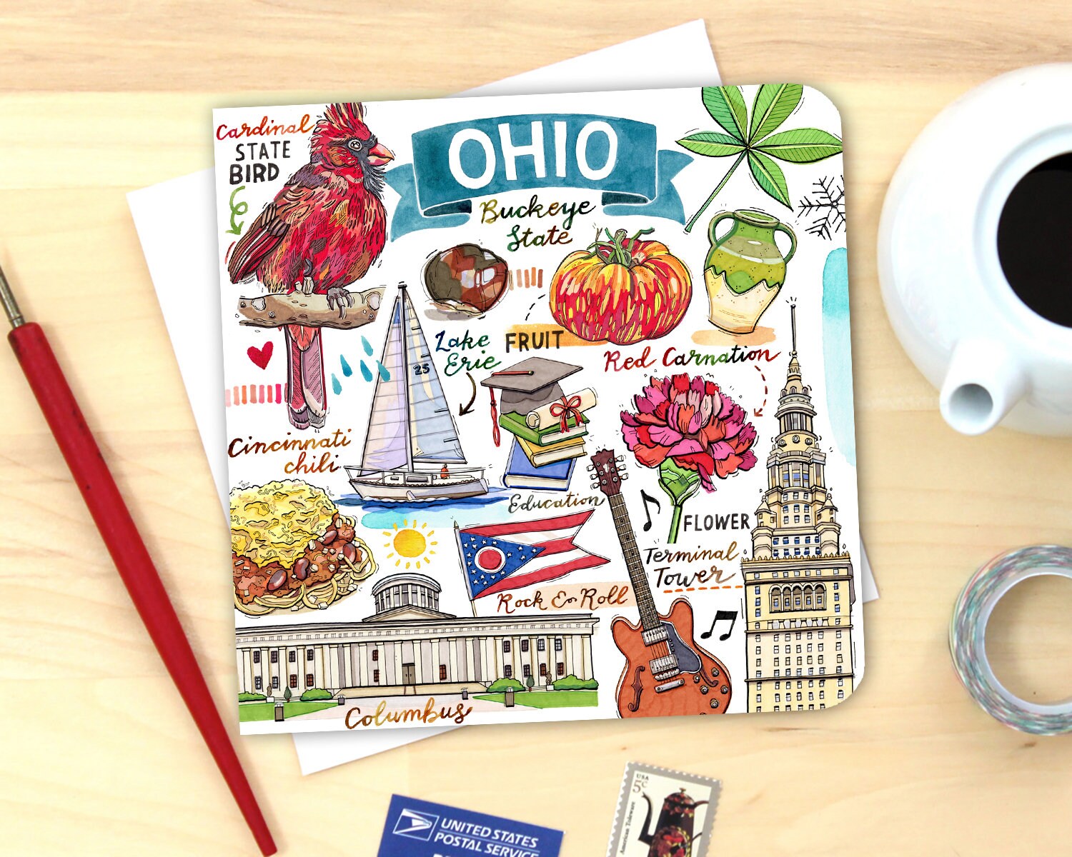 Personalized Foldover Notecard Stationery Set {Ohio State Buckeye Landmarks  - Columbus, Ohio Campus Skyline}