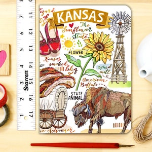 Kansas notebook, blank journal, Sunflower State, stationery, illustration, state symbols, gift.