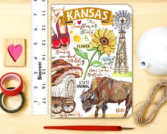 Kansas Notebook, Blank Journal, Sunflower State, Stationery, Illustration,  State Symbols, Gift. 