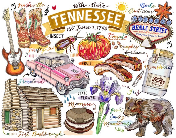 Tennessee Print, Illustration, State Symbols, Nashville, Smoky 