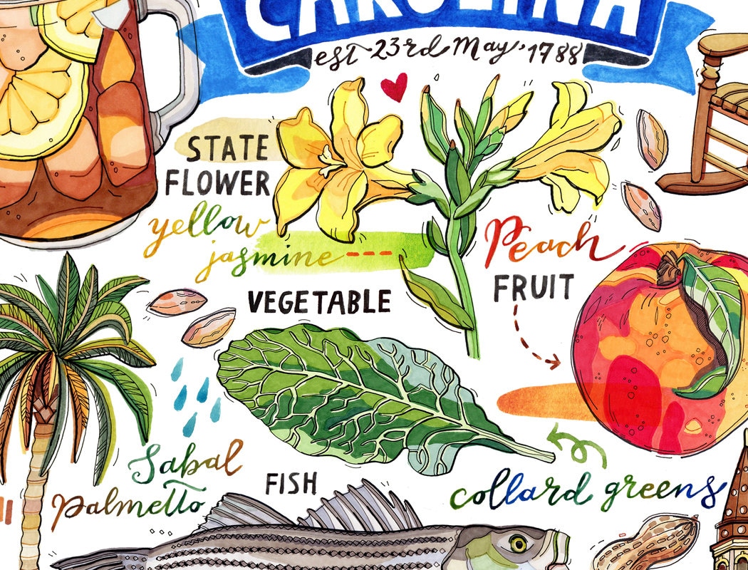 South Carolina Print State symbols Illustration The Etsy