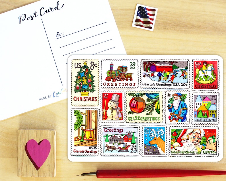 May include: A sheet of vintage Christmas stamps with illustrations of a Christmas tree, a train, a snowman, a Santa Claus, a reindeer, and a rocking horse. The stamps are all different colors and have the words "Christmas" and "Greetings" on them.