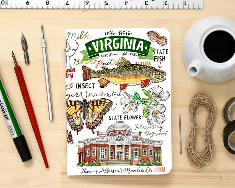 Virginia notebook, state symbols, blank journal, illustration, stationery, the Old Dominion image 1
