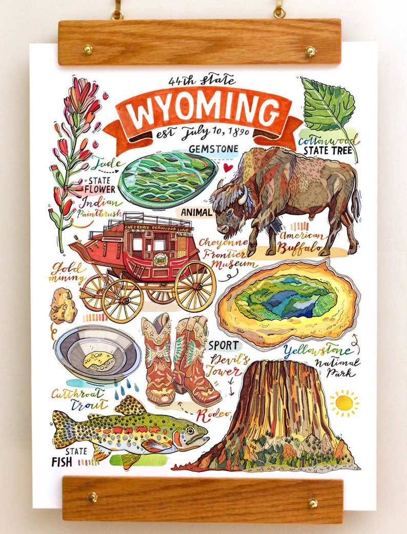 Wyoming State Print Illustration State Symbols the Cowboy - Etsy