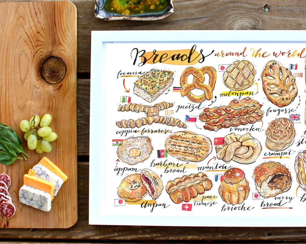 Bread Illustration. Breads of the World Print. Food Art. Kitchen