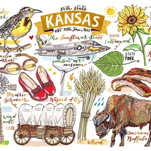 May include: A colorful illustration of Kansas state symbols, including the state bird, the meadow lark, the state flower, the sunflower, the state tree, the cottonwood, and the state animal, the American buffalo. The illustration also includes a prairie schooner, a windmill, a pair of red shoes, a vintage airplane, and wheat stalks.