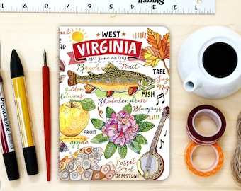 West Virginia notebook, journal, the Mountain State, state symbols, illustration.
